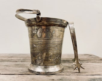 Small Metal Ice Bucket with Tongs and Handle | Vintage Brass Silver Ice Bucket | Pail with Handle | Vintage Silver Bar Serving