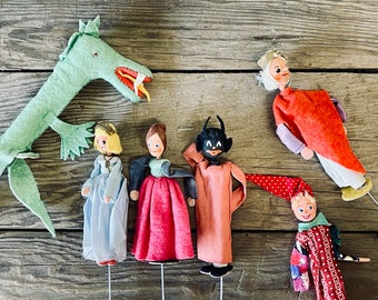 Baps Antique German Puppets Set of 6 RARE Marionettes Cloth Puppets Folk Art Made in Germany Edith von Arps Dragon King Princess Fairy Tale