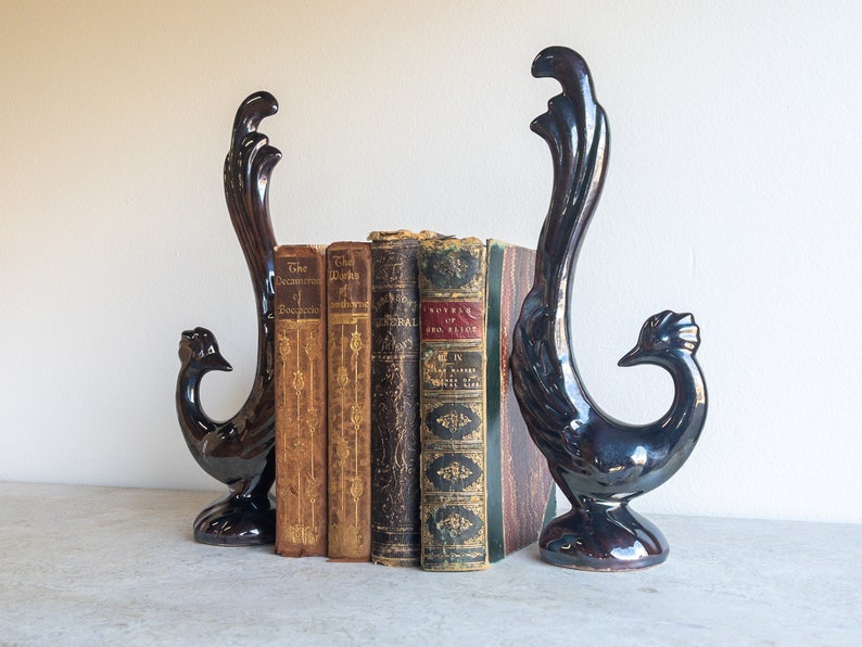 Vintage Tall Birds Mid Century Set of Two Ceramic Metallic Brown Grey Black Charcoal MCM Bird Pottery Figurines Statues Shelf Decor Art Deco image 10