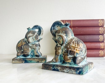 Cast Iron Elephant Bookends Book Ends Elephant Statues Heavy Mid Century Made in Japan Gold Teal Verdigris Bookshelf Books Shelf Decor