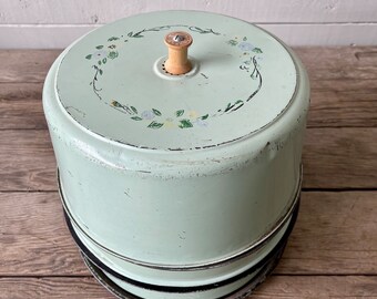 Three Tier Metal Cake Pan Carrier Cover Round Tin Safe | Vintage Green Metal Pan with Lid | Painted | Pie Carrier | Tin Dome Retro Display