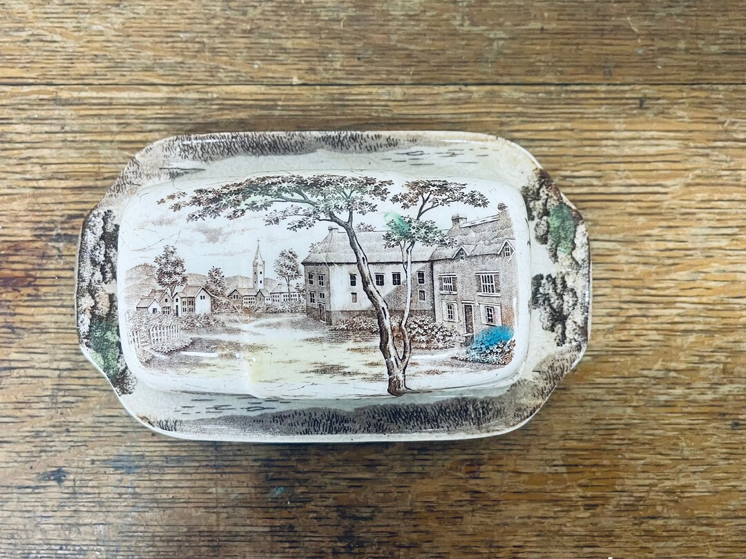 Vintage Brown Transferware Butter Dish English Scene China Serving Made