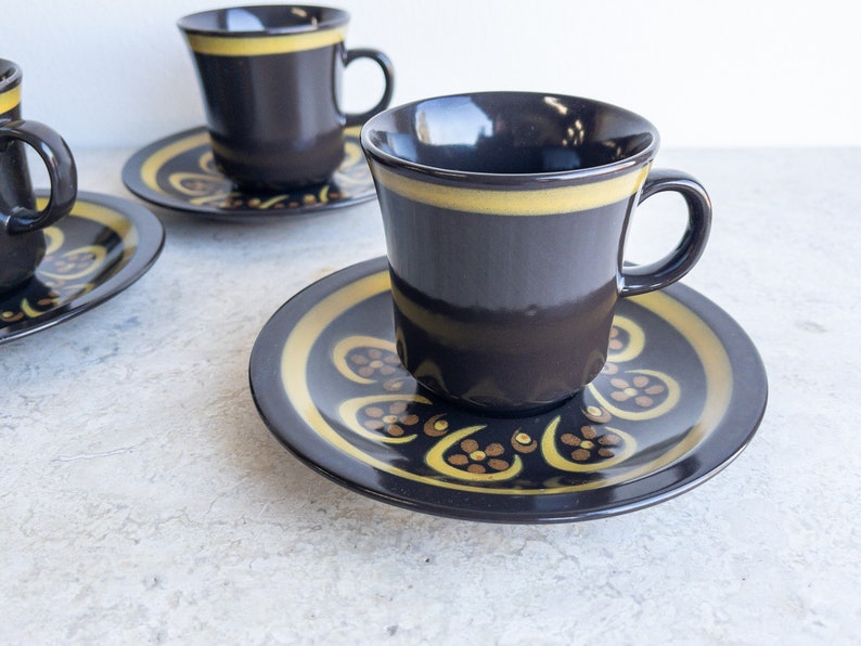 Mikasa Majorca Lodi Cup and Saucer Set of Two Mid Century Stoneware Mug Small Plate Deep Brown and Mustard Floral Flowers MCM Kitchen image 3