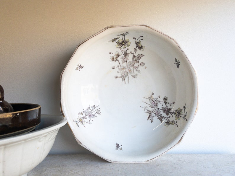 Ironstone Wash Basin Large White Floral Bowl Heavy Stoneware Shabby Chic Antique China Brown and White Modern Farmhouse image 1