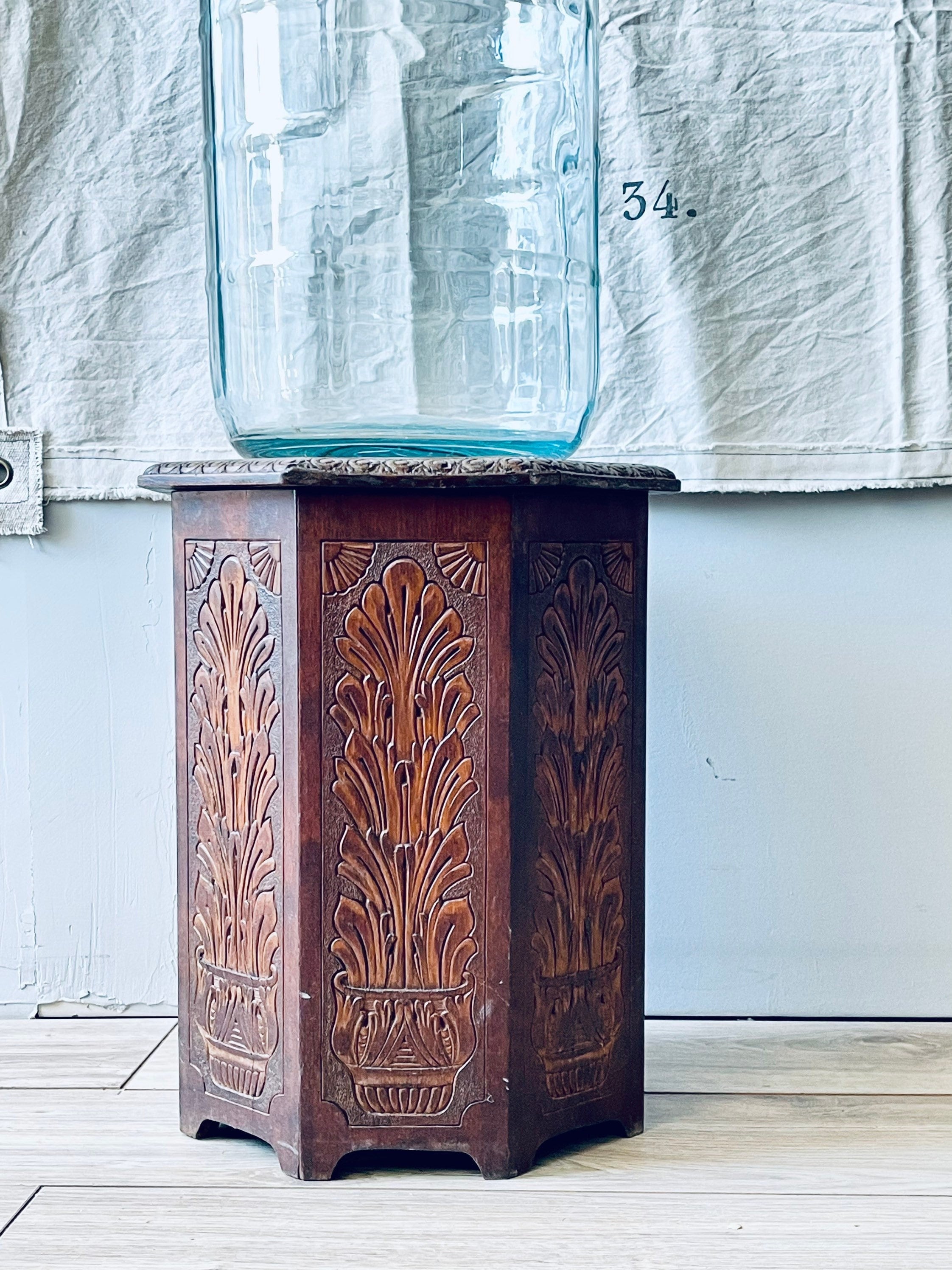 Carved Octagon Side Table Boho Wood Table Plant Pattern Etsy