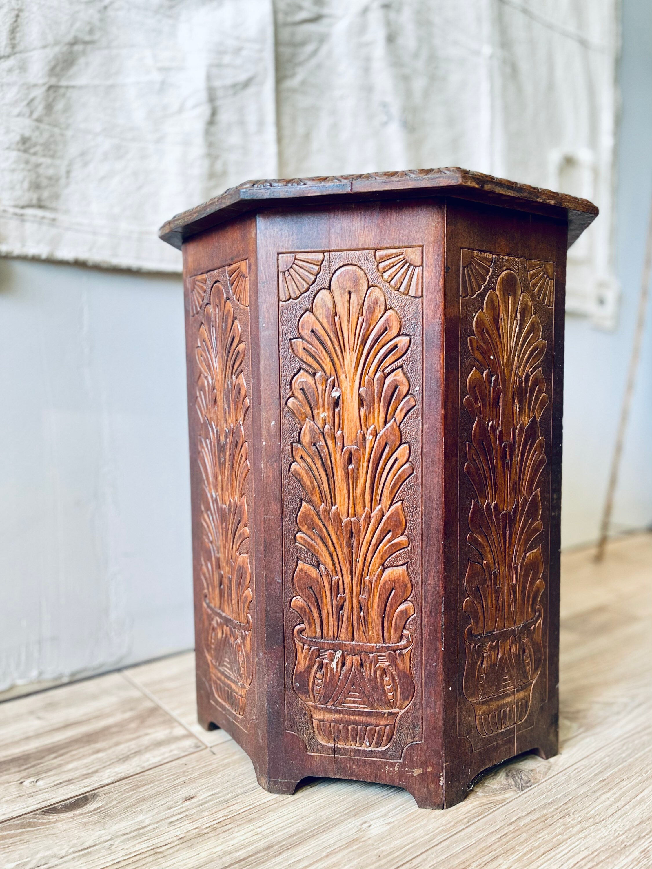 Carved Octagon Side Table Boho Wood Table Plant Pattern Etsy