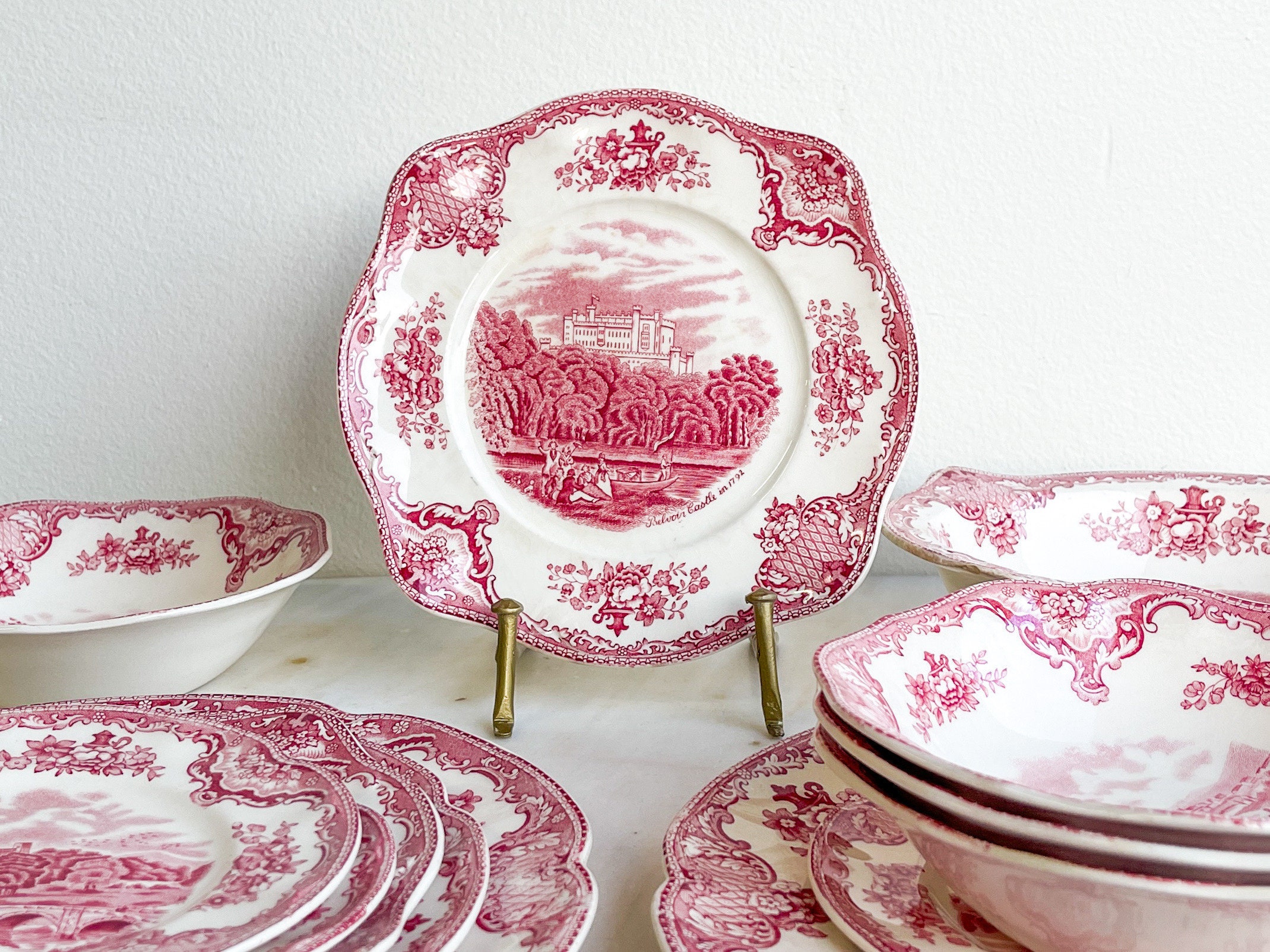 Red and White Transferware Johnson Bros Old Britain Castles China