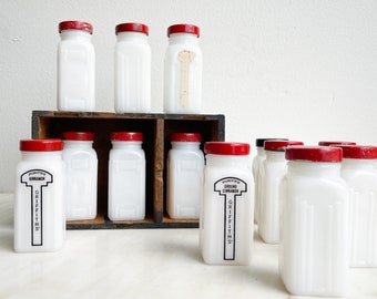 Antique Spice Jar Set White Milkglass Lot of 13 Red Lid Black Lid 1940s Milkglass Cinnamon Vintage Apothecary Spice Jar Griffith Spice Jar