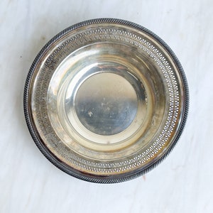 Vintage Silver Bowl 12.25&quot;  Braided Rim Pierced Geometric Art Deco Shallow Silver Bowl Tarnished Silver Serving Bowl Silver Collector