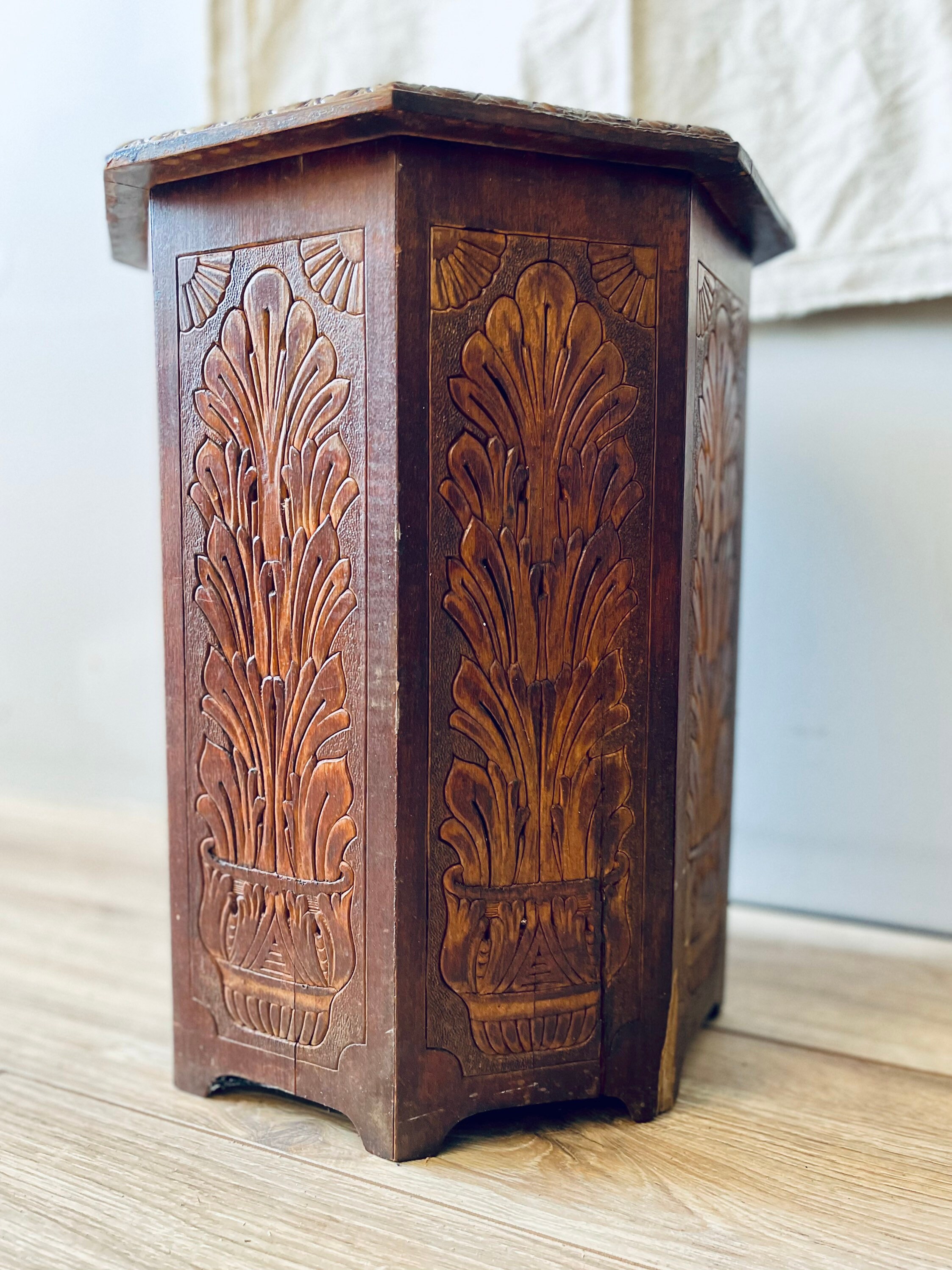 Carved Octagon Side Table Boho Wood Table Plant Pattern Etsy