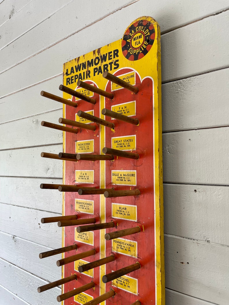 Lawnmower Repair Parts Display Hardware Store Industrial Display Red and Yellow Wood Rack Wall Rack Necklace Display Jewelry Display image 1