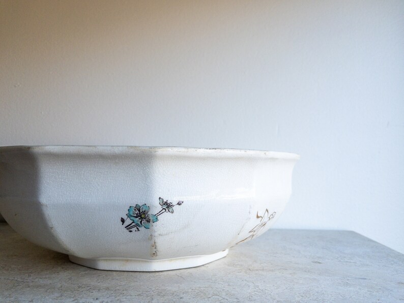 Ironstone Wash Basin Large White Floral Bowl Heavy Stoneware Shabby Chic Antique China Brown and White Modern Farmhouse image 4