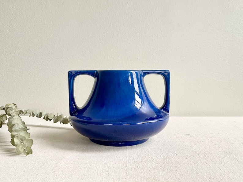 Cobalt Blue Haeger Eve Vase Drip Glaze Double Handle Arts Crafts Style Pottery USA image 7