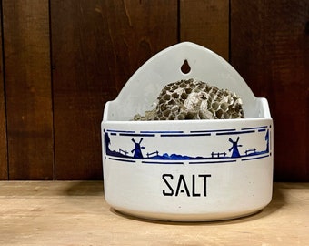 Salt Box Blue + White Yvonne 360 Czechoslovakia Large Stencil  Salt Cellar | European Blue + White Pottery | Salt Box | Wall Mount