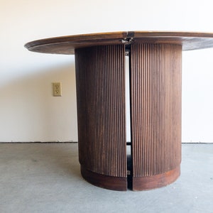 Lane First Edition Walnut Expanding Pedestal Round Dining Table Mid Century No Leaf MCM 44 inch Table Dark Wood Drum Shaped image 3