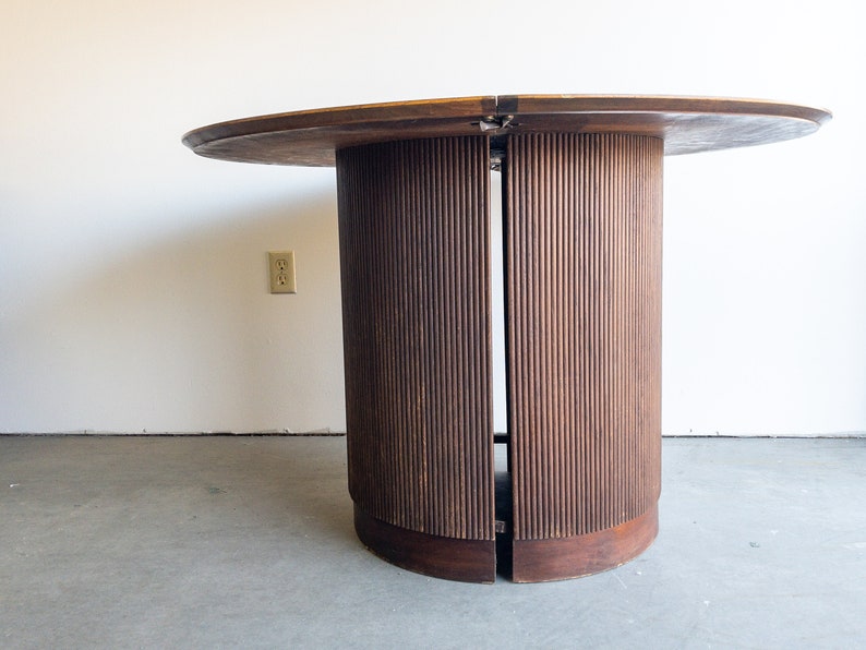 Lane First Edition Walnut Expanding Pedestal Round Dining Table Mid Century No Leaf MCM 44 inch Table Dark Wood Drum Shaped image 3