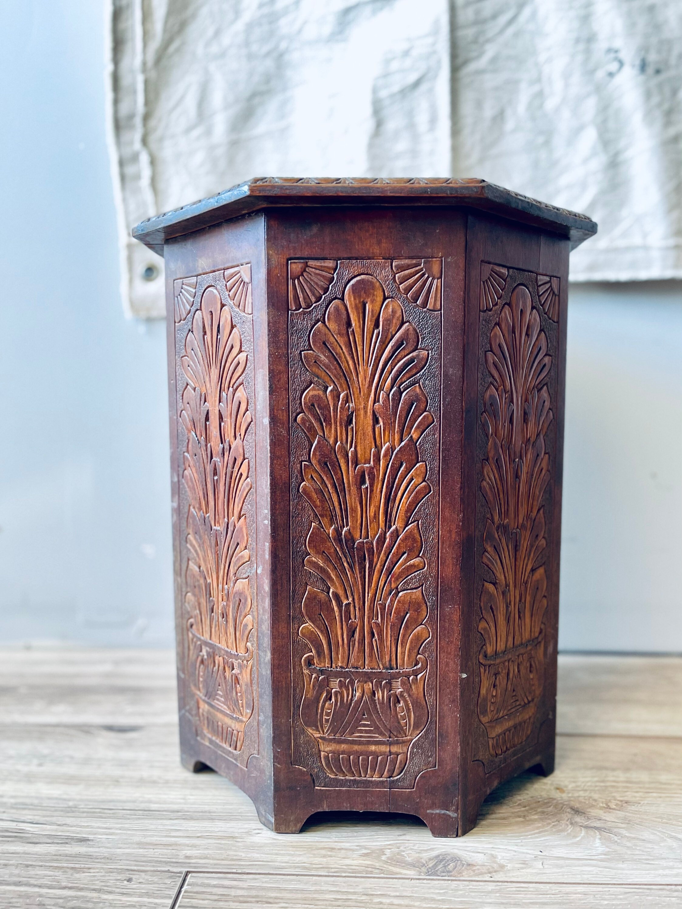 Carved Octagon Side Table Boho Wood Table Plant Pattern Etsy