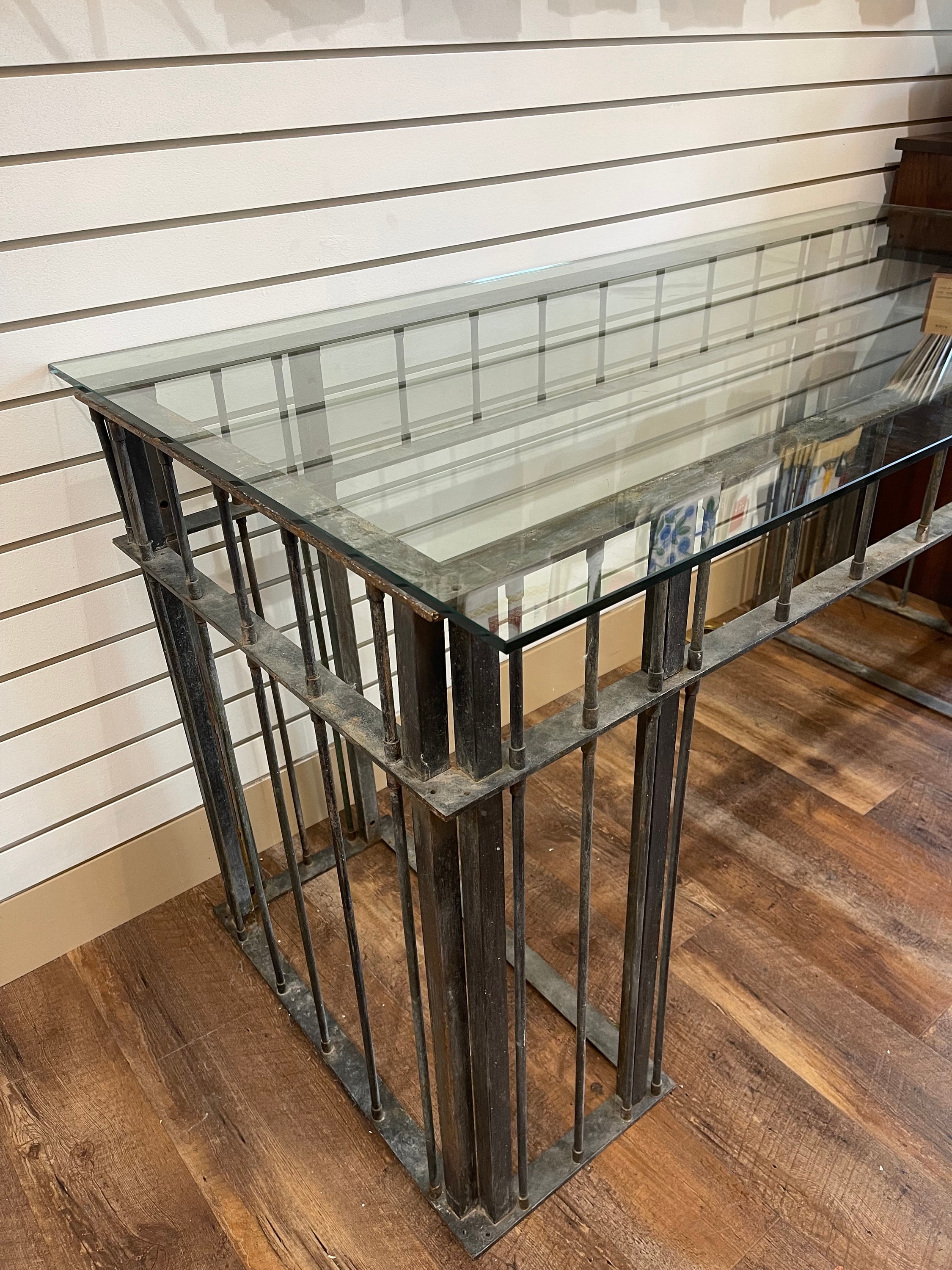 Antique Tiger Cage Desk Table Glass Top Industrial Iron