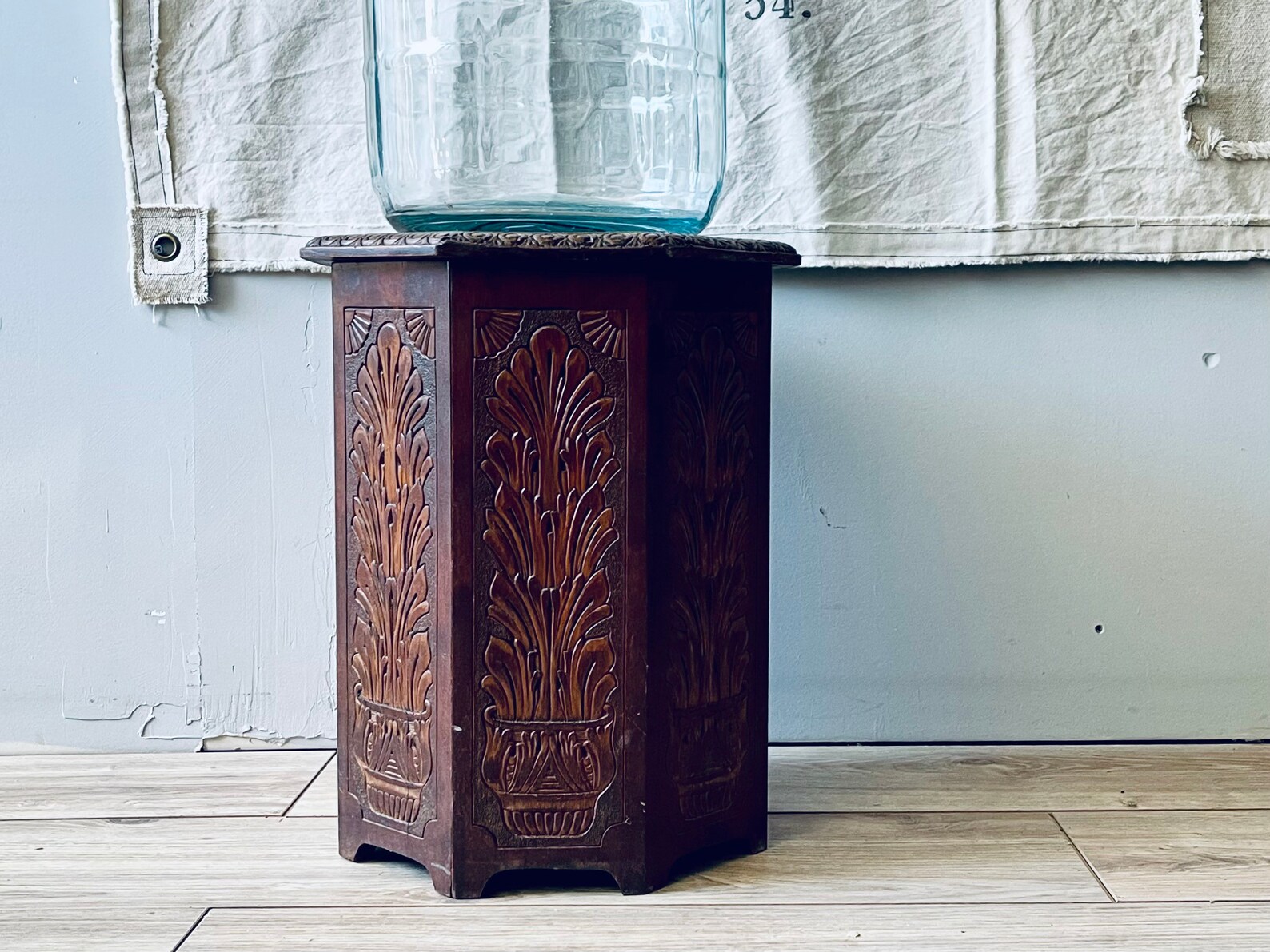 Carved Octagon Side Table Boho Wood Table Plant Pattern Etsy