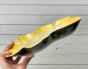 LA Potteries 895 California Shallow Planter Pond Bowl Yellow and Grey Shallow Dish Catchall Mid Century Made in USA MCM Shwllow Bowl