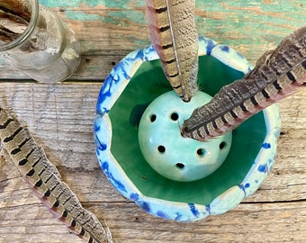 Ceramic Flower Frog | Pottery Flower Frog | Paintbrush Holder | Makeup Brush Holder | Blue Turquoise Handmade Plant Vase