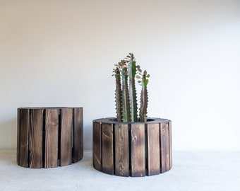 Rustic Planter Short Round Wood Planter Wooden Lathe Wood Strips 6 inch 4 inch Indoor Outdoor Herbs Cacti Modern Rustic