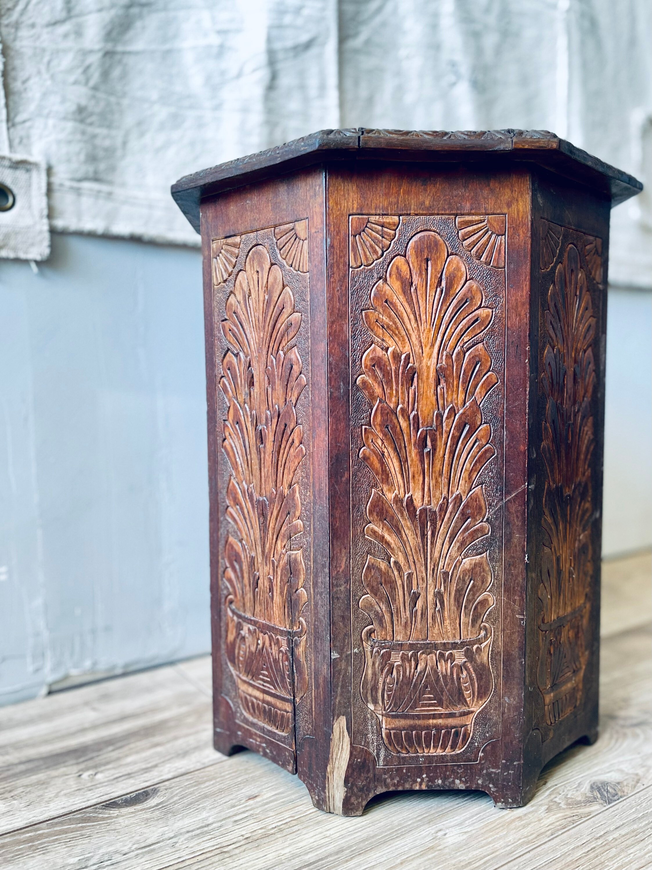 Carved Octagon Side Table Boho Wood Table Plant Pattern Etsy
