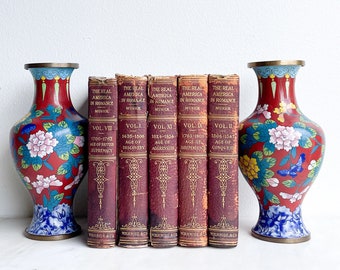 Set of 2 Cloisonné Chinese Floral Vases Red Blue Yellow Butterflies Shelf Decor Vintage Metal Floral Vase Matching Set Chinoiserie Asian