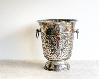 Vintage Hammered Embossed Silverplate Ice Bucket Champagne Wine Grapevine Motif Vintage Barware