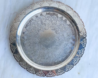 Scalloped Silver Round Tray 12.75" Diameter Round Tray | Scalloped Ruffled Edge Pierced Fan Pattern Round Large Silver Serving Tray | Etched