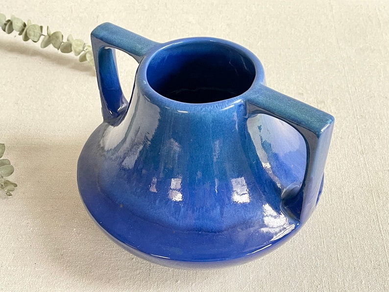 Cobalt Blue Haeger Eve Vase Drip Glaze Double Handle Arts Crafts Style Pottery USA image 5