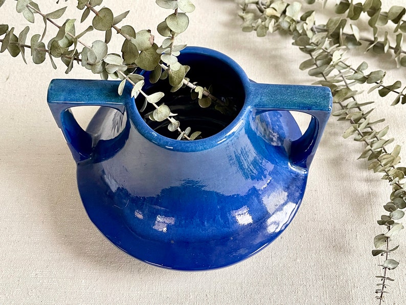 Cobalt Blue Haeger Eve Vase Drip Glaze Double Handle Arts Crafts Style Pottery USA image 1