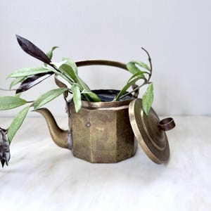 Antique Brass Tea Kettle Teapot Octagonal 1800s Primitive Handmade Pot with Lid and Handle Vintage Farmhouse Kitchen Cooking Serving Decor