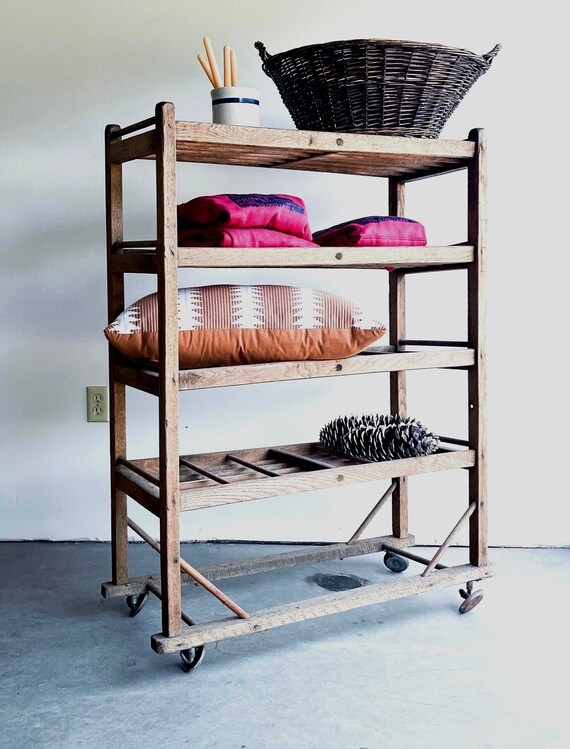 Antique Industrial Factory Rolling Rack Wooden Shoe Rack 1800s Original Casters Dowel Wood Shelves Bread Rack Four Shelves Bookcase Rustic Etsy
