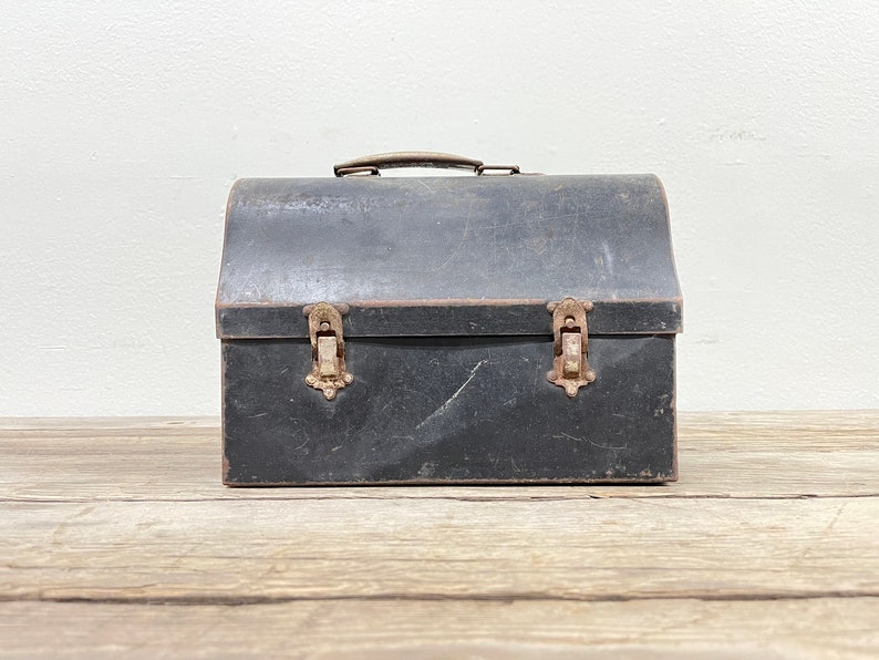 Metal Lunch Box with Thermos American Thermos Bottle Co. Antique Workman's Lunchbox Retro Victory Dome Top Lunch Pail Photo Prop image 1