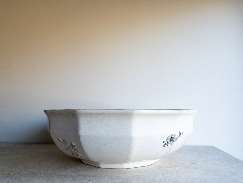 Ironstone Wash Basin Large White Floral Bowl Heavy Stoneware Shabby Chic Antique China Brown and White Modern Farmhouse image 3