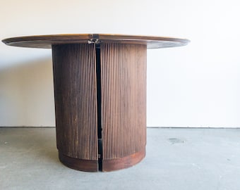 Lane First Edition Walnut Expanding Pedestal Round Dining Table Mid Century No Leaf MCM 44 inch Table Dark Wood Drum Shaped