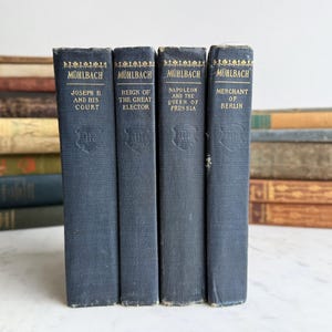 Set of 4 Antique 1800s Books Muhlbach Navy Blue Hardcover Antique Books Napoleon Joseph II Merchant of Berlin Great Elector Blue and Gold