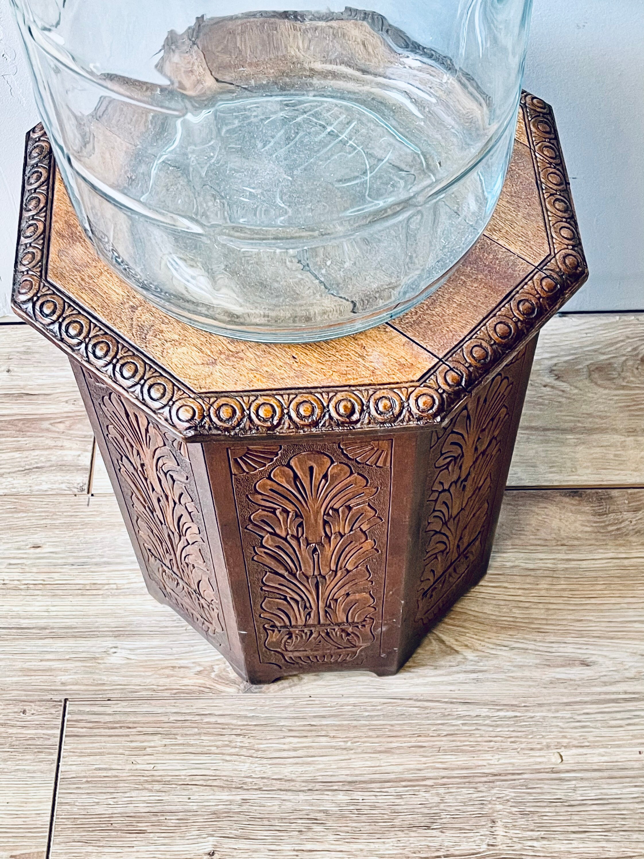 Carved Octagon Side Table Boho Wood Table Plant Pattern Etsy