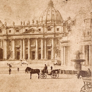 Antieke stereokaart stereokaart 19e eeuw Sepia Sint-Pieterskerk Basiliek Rome Italië Vaticaan Piazza Italiaans Katholiek