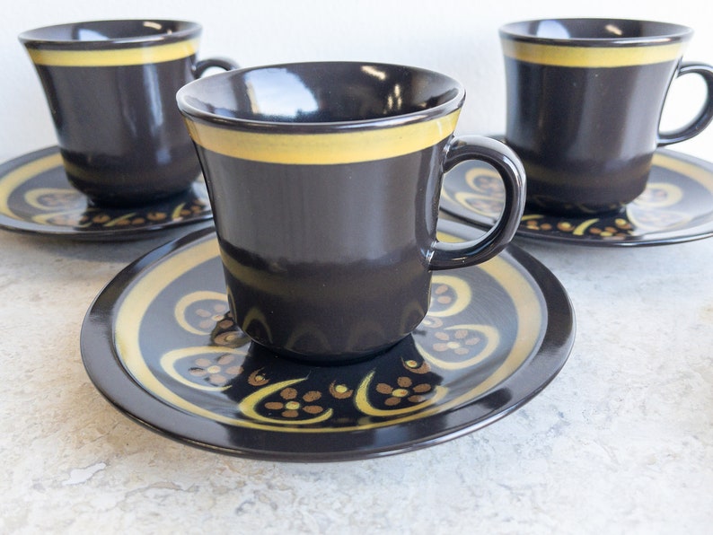 Mikasa Majorca Lodi Cup and Saucer Set of Two Mid Century Stoneware Mug Small Plate Deep Brown and Mustard Floral Flowers MCM Kitchen image 4