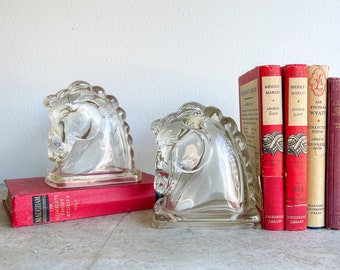Vintage Set of Federal Clear Glass Horse Bookends 1940s Shelf Decor Chess Piece Bookends Equestrian Modern Country Book Ends Set of Two
