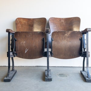 Antique Wooden Theater Chairs Set of Two Wooden Stadium Chairs Folding Chairs Entryway Industrial Dark Wood Cast Iron Seating Bench