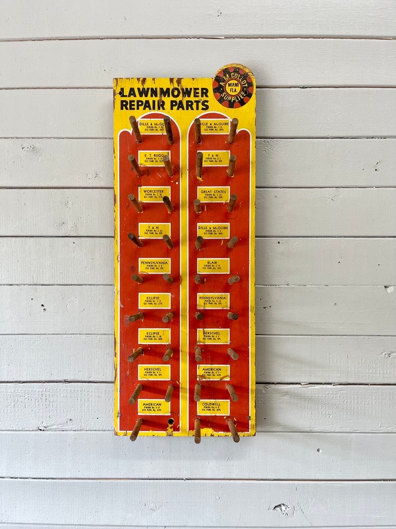 Lawnmower Repair Parts Display Hardware Store Industrial Display Red and Yellow Wood Rack Wall Rack Necklace Display Jewelry Display image 10