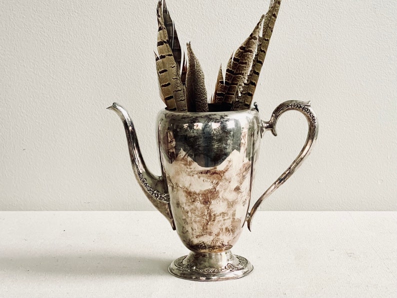 Silver Pitcher Antique Pitcher Tarnished Silver Vase Display Flowers Branches Shabby Chic Silverplate image 1