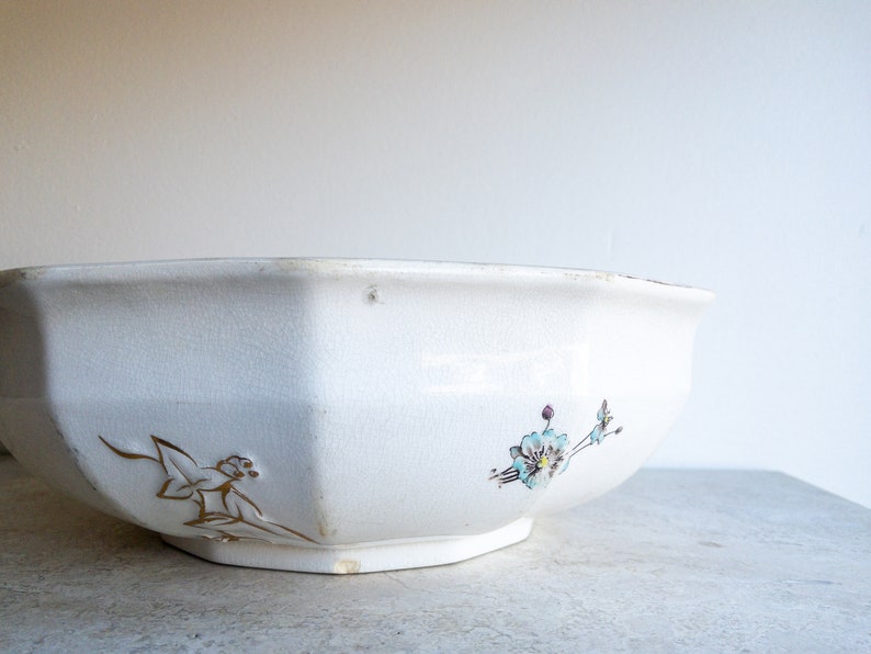 Ironstone Wash Basin Large White Floral Bowl Heavy Stoneware Shabby Chic Antique China Brown and White Modern Farmhouse image 5