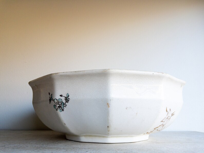 Ironstone Wash Basin Large White Floral Bowl Heavy Stoneware Shabby Chic Antique China Brown and White Modern Farmhouse image 9