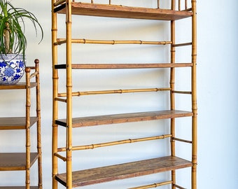 Vintage Bamboo Shelf Scorched Tortoiseshell Five Tier Tall + Narrow Etagere Lightweight Bookshelf Plant Stand Shelving Bathroom Chinoiserie