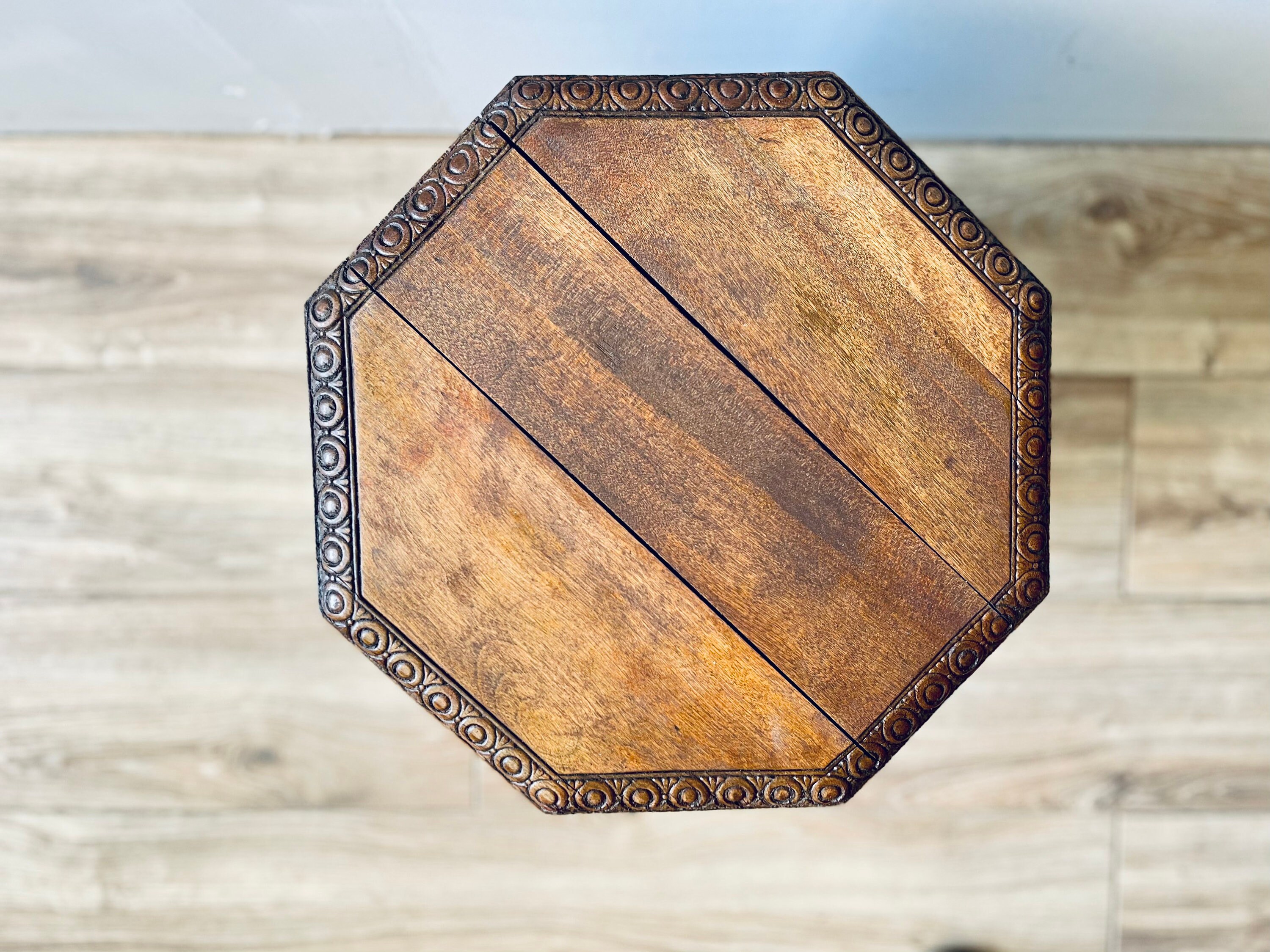 Carved Octagon Side Table Boho Wood Table Plant Pattern Etsy