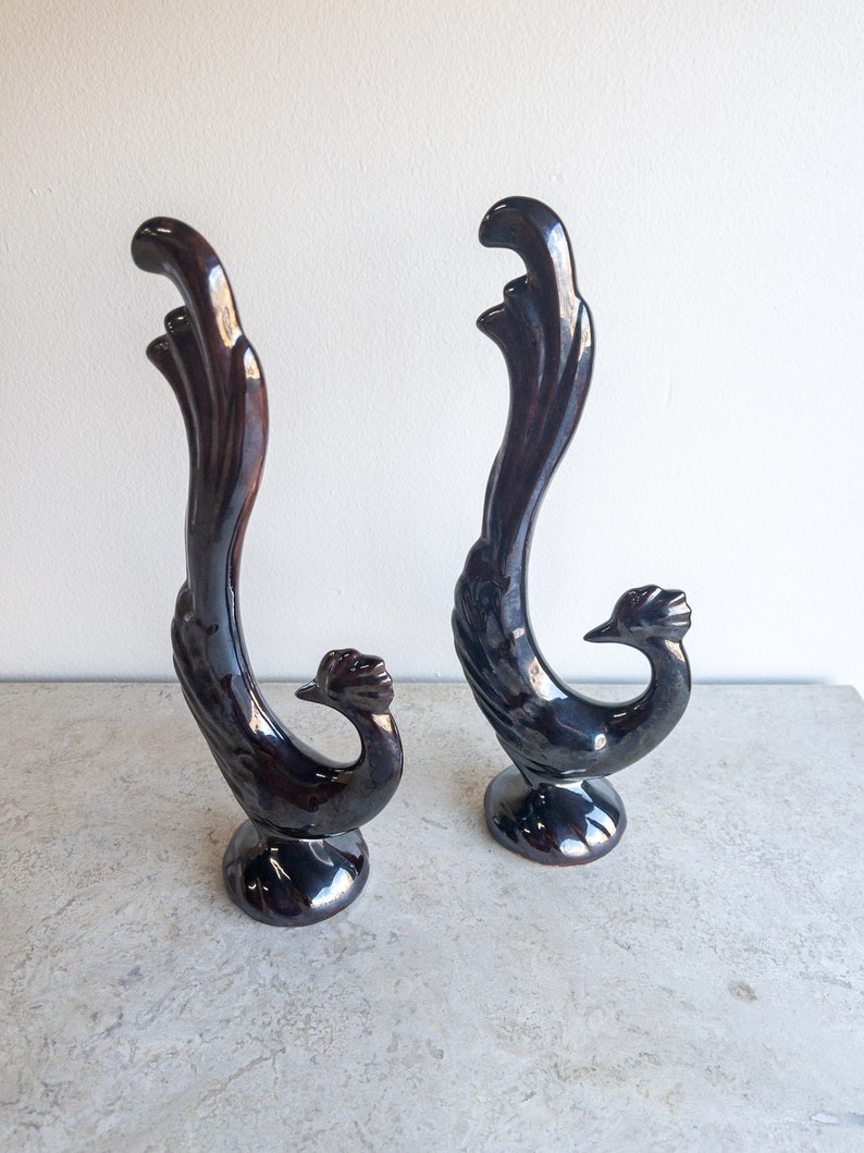 Vintage Tall Birds Mid Century Set of Two Ceramic Metallic Brown Grey Black Charcoal MCM Bird Pottery Figurines Statues Shelf Decor Art Deco image 4